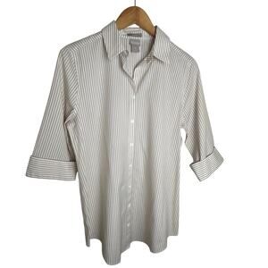 Chico’s No Iron Beige White Striped Tunic Button Up Chico’s Size 0 (S-M)